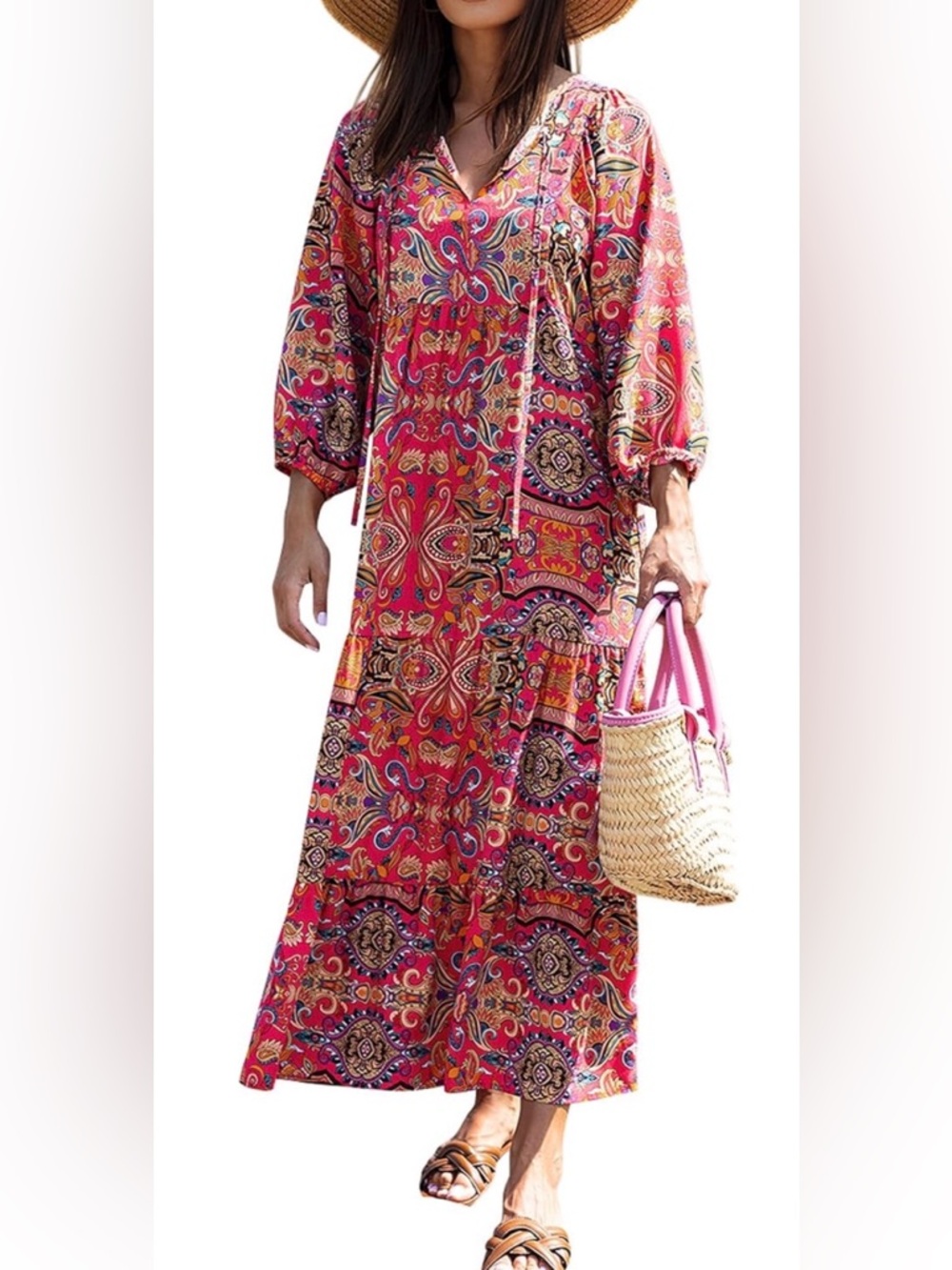 NWT Boho V-Neck Maxi Dress in Bright Pink
